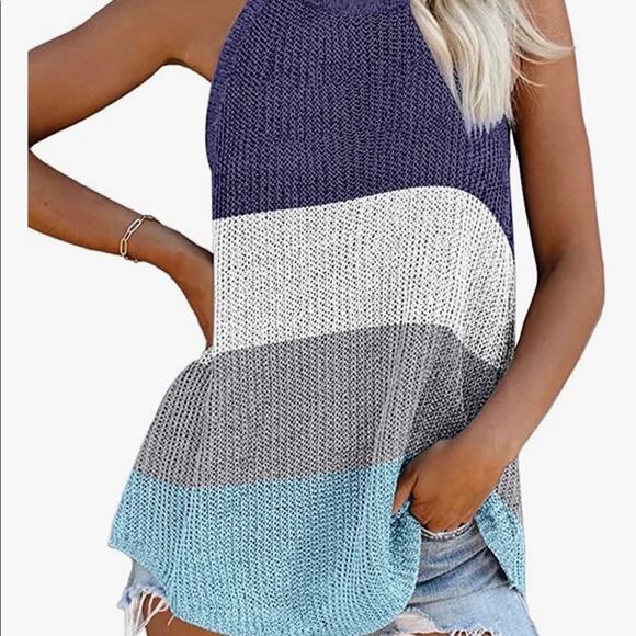 Womens Knit Sleeveless Top XS Blue White Summer Striped Halter - Picture 2 of 4